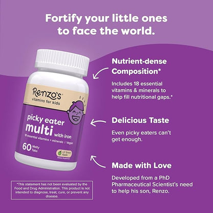 Renzo’s Picky Eater Kids Multivitamin with Iron - Dissolving Kids Vitamins with Vitamin D3 & K2 and More - 60 Sugar-Free Melty Tabs, Lil’ Green Apple Flavored