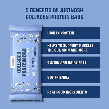 JustNosh Collagen Protein Bars, 10g Collagen, 15g Protein, Gluten Free, Dairy Free, FODMAP Friendly, Seed Oil Free Certified, Clean Ingredients | Double Chocolate Chip (12 Pack)