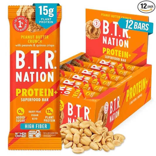 Vegan Keto Plant Based Protein & Fiber Bars by B.T.R. - Low Carb & GF | 12 Bars | Free of Sugar Alcohols, Dairy, Soy and Boosted with Powerful Superfoods! (Peanut Butter Crunch Protein+)