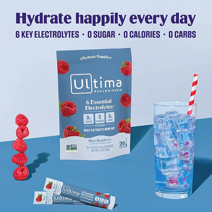 Ultima Replenisher Daily Electrolyte Powder Drink Mix – Blue Raspberry, 20 Stickpacks – Hydration Packets with 6 Electrolytes and Trace Minerals – Keto Friendly, Vegan, Non-GMO and Sugar-Free