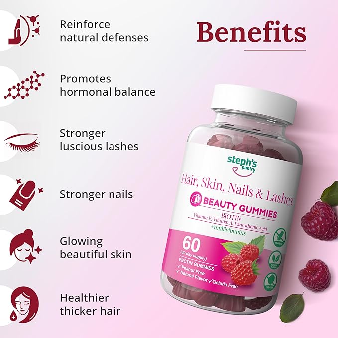 Steph's Pantry Biotin Gummies for Hair, Skin, Nails, & Lashes High Strength Gummies | Daily Multivitamins | Gluten-Free, Nut-Free, Non-GMO, Plant-Based, Vegan, Kosher (120 Gummies)