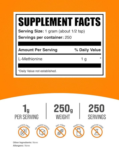 BulkSupplements.com L-Methionine Powder - Amino Acids Nutritional Supplements - Choline Supplements - Antioxidants Supplement - L Methionine 1000 mg Powder (250 Grams - 8.8 oz)