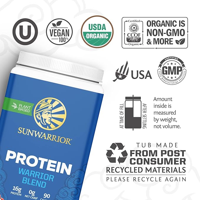 Sunwarrior Vegan Protein Powder Plant-Based Protein Organic | BCAA Amino Acids Hemp Seed Soy & Dairy Free, Gluten & Synthetic Free Non-GMO | Chocolate 30 Servings | WarriorBlend