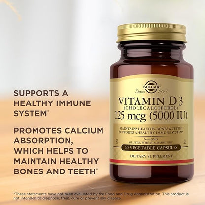 SOLGAR Vitamin D3 (Cholecalciferol) 125 mcg (5000 IU) 60 Vegetable 60 Servings
