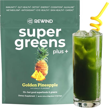 Rewind Greens Plus+ Super Greens Powder - Over 50 Superfoods and Greens - Delicious Powder Greens for The Whole Family - 10 Servings - Golden Pineapple