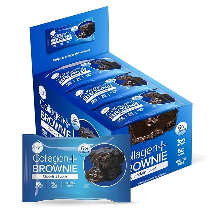 321glo Collagen Protein Brownie | Gluten Free, Low Sugar | Keto Snack for Women, Men, & Kids | 16g Protein, 6g Collagen | 12 Pack (Chocolate Fudge)