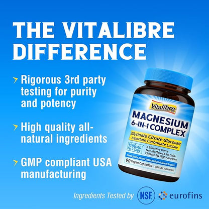 Magnesium Complex Supplement 1160mg for Sleep, Nerve & Muscle, 6 Forms of Max Absorption Magnesium Glycinate, Citrate, Aspartate, Gluconate, Carbonate & Lactate, (No Magnesium Oxide), 90 Vegan Caps