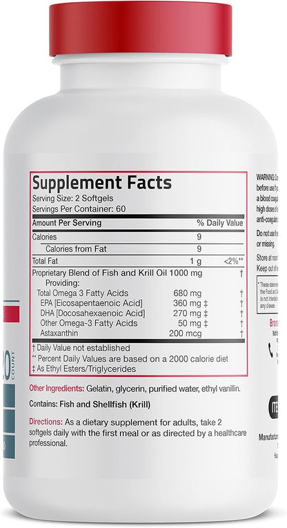 Bronson Omega-3 Fish + Krill Oil 1000 MG 120 Softgels