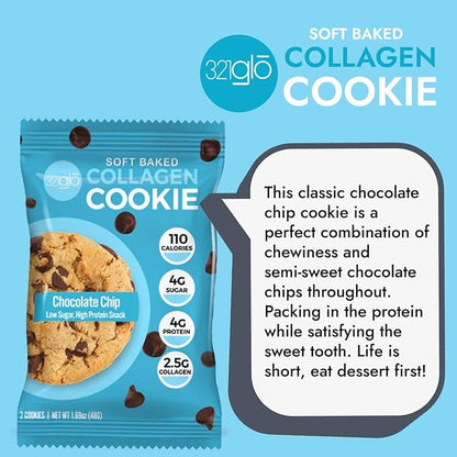 321glo Collagen Cookies | Soft Baked, High Protein Cookies | Low Carb, Low Sugar | Keto Snack for Women, Men, & Kids | 12 Pack (Chocolate Chip)