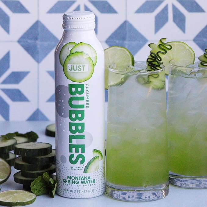 JUST Bubbles Cucumber - Pure Premium Sparkling Spring Water in a Fully Recyclable Reusable Eco-Friendly Bottle - 100% Mountain-Sourced Carbonated Water with Naturally Occurring Minerals, 16 Fl Oz (Pack of 12)