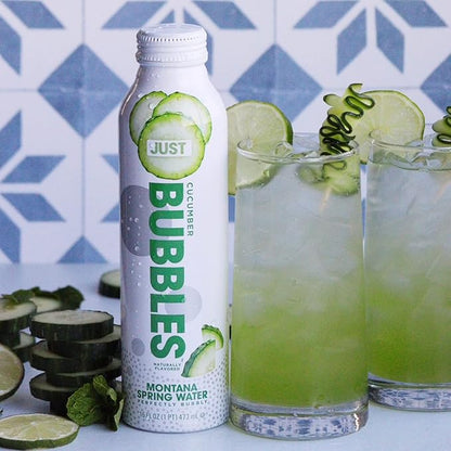 JUST Bubbles Cucumber - Pure Premium Sparkling Spring Water in a Fully Recyclable Reusable Eco-Friendly Bottle - 100% Mountain-Sourced Carbonated Water with Naturally Occurring Minerals, 16 Fl Oz (Pack of 12)