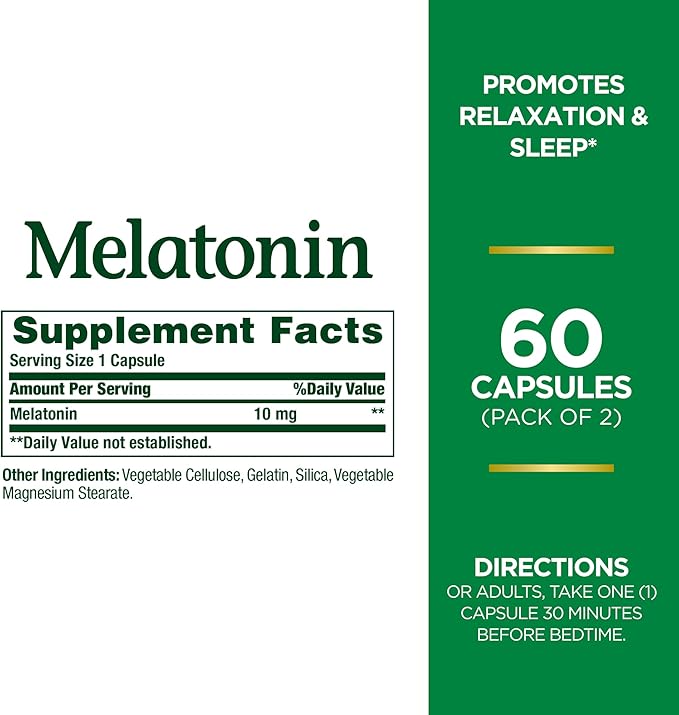 Nature's Bounty Melatonin, 100% Drug Free 10mg, 60 60 Count(Pack 2)