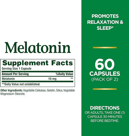 Nature's Bounty Melatonin, 100% Drug Free 10mg, 60 60 Count(Pack 2)