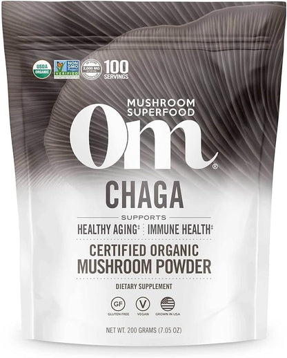 OM MUSHROOM SUPERFOOD Chaga Organic Mushroom Powder, 7.05 Ounce Pouch, 100 Servings, US Grown, Sacred Antioxidants & Immune Support, Superfood Mushroom Supplement