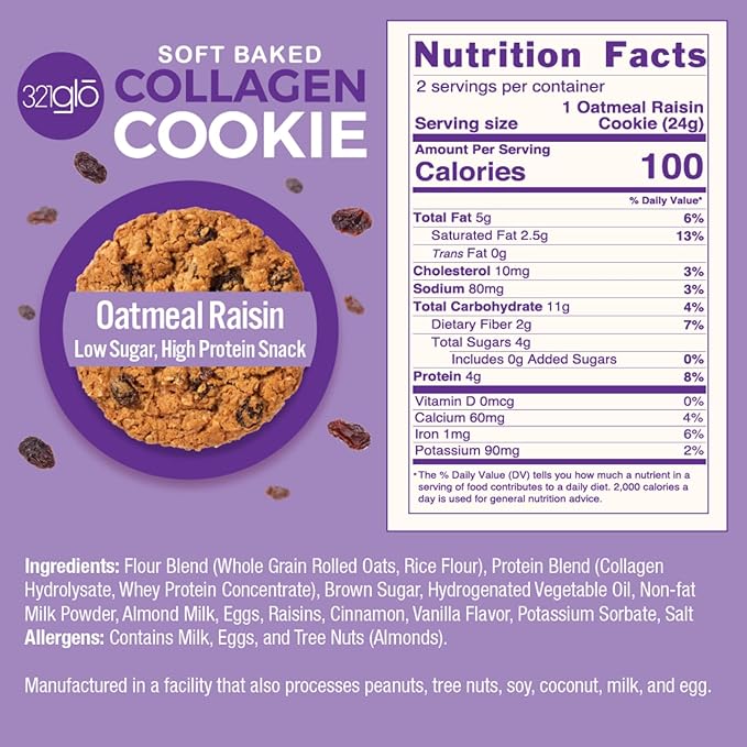 321glo Collagen Protein Cookies, Soft-Baked Cookies, Low Carb and Keto Friendly Treats for Women, Men, and Kids, 12-PACK (Oatmeal Raisin)