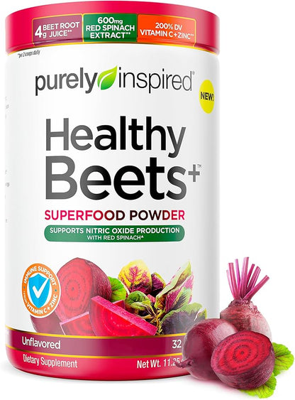 Purely Inspired Healthy Beets Superfood Powder, Unflavored - Super Beet Root Powder with Red Spinach Extract, Vitamin C & Zinc for Immune Support - Supports Nitric Oxide Production for Men & Women
