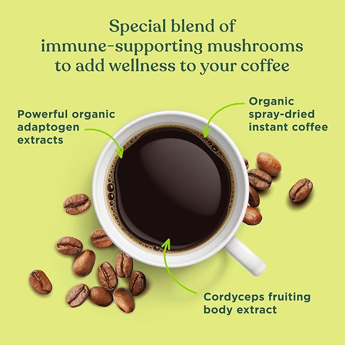 Organic Instant Coffee Powder by Four Sigmatic | Arabica Instant Coffee Singles with Cordyceps, Chaga and Eleuthero | Mushroom Coffee Instant Mix for Better Focus and Immune Support | 10 Packets
