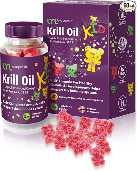 LYL Krill Oil Kid Gummy Bears with Vitamin D 3, Vitamin E and Vitamin A - phospholipid-Bound Omega 3 for Healthy Growth & Development - Gummy Bears with Orange, Apple & Raspberries Taste (Pack of 60)