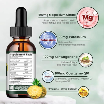 Potassium Magnesium Citrate Supplement, Liquid Magnesium Citrate Drops 500mg with Ashwagandha, Calcium, Zinc, Vitamin D3, B6, B12, CoQ10 - Vegan 2 fl oz Pineapple Flavor