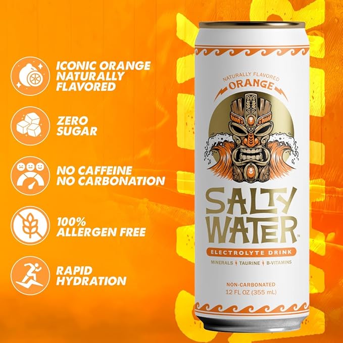SaltyWater Electrolyte Drink, Orange – Zero Sugar Premium Hydration Drink, 10 Calories, Minerals, Taurine, B-Vitamins, Non-Carbonated - Zero Caffeine Electrolyte Sports Drink - Keto, Paleo, Vegan - 12 Pack (12 oz)