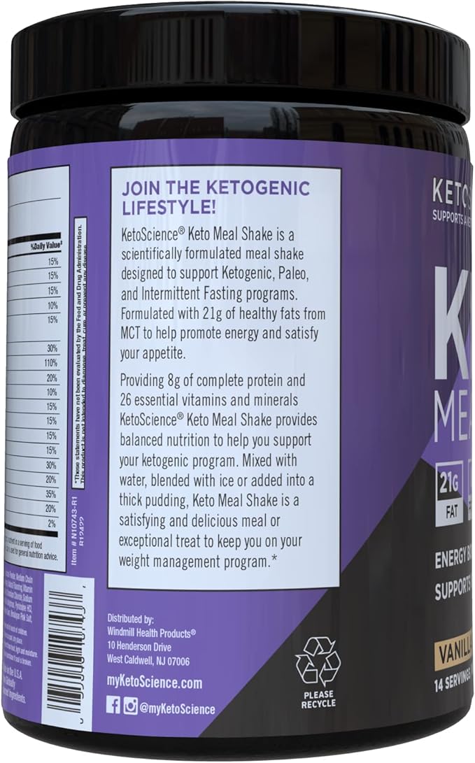Keto Science Ketogenic Meal Shake Vanilla Dietary Supplement, Rich in MCTs and Protein, Packed with Collagen, Vitamins and Minerals, Keto and Paleo Friendly, Weight Loss, (14 servings), 20.49 Oz
