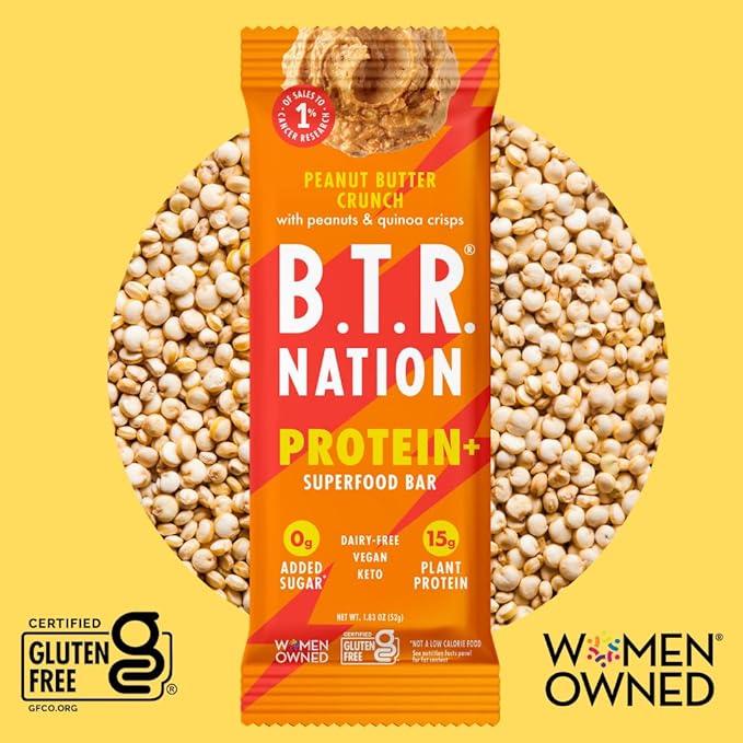 Vegan Keto Plant Based Protein & Fiber Bars by B.T.R. - Low Carb & GF | 12 Bars | Free of Sugar Alcohols, Dairy, Soy and Boosted with Powerful Superfoods! (Peanut Butter Crunch Protein+)