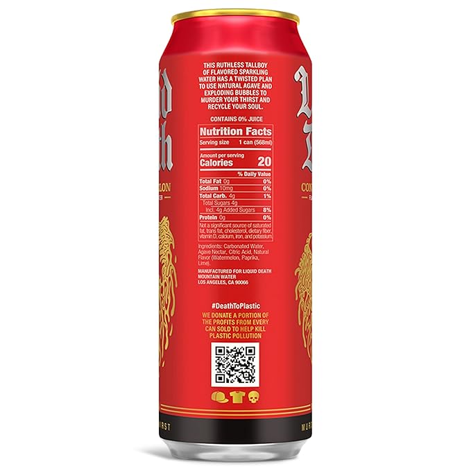 Liquid Death, Convicted Melon Sparkling Water, 8-Pack (King Size 19.2oz Cans), Watermelon Flavored Sparkling Beverage Sweetened With Real Agave, Low Calorie & Low Sugar
