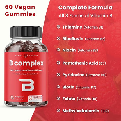 Vitamin B Complex Gummies | Vitamin B Gummies for Women, Men & Kids | Boosts Energy & Metabolism | B Complex Vitamins B1, B2 (Riboflavin), B3 (Niacin), B5, B6, B7 (Biotin), B9 (Folic Acid), Methyl B12