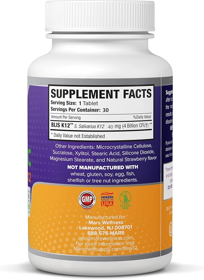 Oral Probiotic Supplement with BLIS K12 4 Billion CFU - Now Dairy Free 60 Day Supply Bottle for Bad Breath, Strep, Cavities, Gum Oral and Dental Health - Sugar Free - USA Made - 60 Count