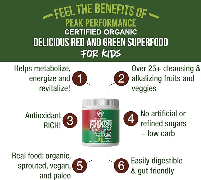 Kids Greens and Reds Superfood Powder. Best Tasting Organic Vegan Super Food Juice with 25+ Real Fruits and Vegetables. Gluten Free Real Food Vitamins. Green and Red Superfoods Supplement for Children