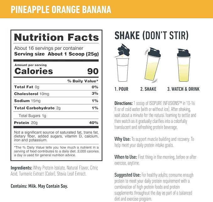Isopure Clear Whey Isolate Protein Powder Infusions, Lactose Free, Gluten Free, Naturally Flavored, Pineapple Orange Banana, 20g Protein Per Serving, 14.1 Oz, 16 Servings
