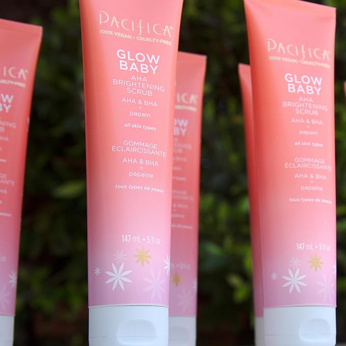 Pacifica Beauty Glow Baby Vitamin C Brightening Body Lotion and AHA Brightening Body Scrub Set, Bath and Body, Vitamin E, Kakadu, Moisturizing, Exfoliating, Hydrating, Vegan, 5 fl oz Each (Set of 2)