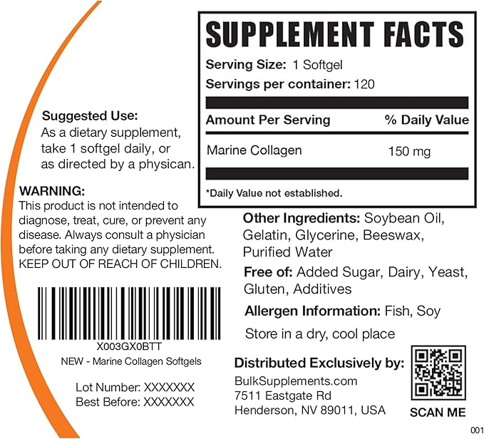 BulkSupplements.com Marine Collagen Softgels 1 Softgel (150mg), 120 120 Softgels