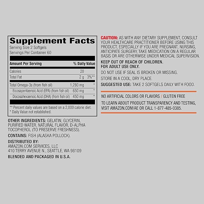 Amazon Elements Super Omega-3 with Natural Lemon Flavor, EPA & DHA Omega-3 fatty acids, 120 Count (1280 mg per serving, 2 Softgels) (Packaging may vary)