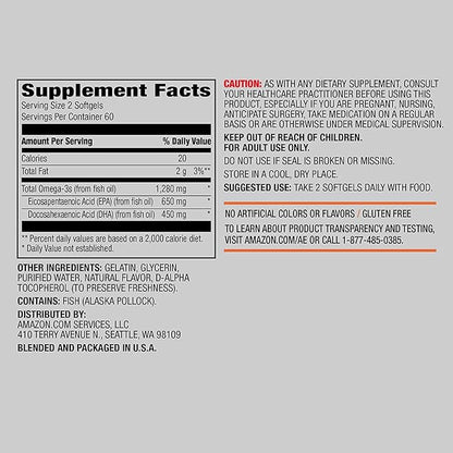 Amazon Elements Super Omega-3 with Natural Lemon Flavor, EPA & DHA Omega-3 fatty acids, 120 Count (1280 mg per serving, 2 Softgels) (Packaging may vary)