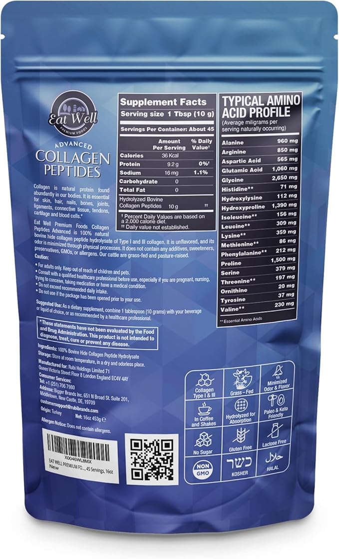 EAT WELL PREMIUM FOODS Collagen Peptides 45 Servings, 16oz, Collagen