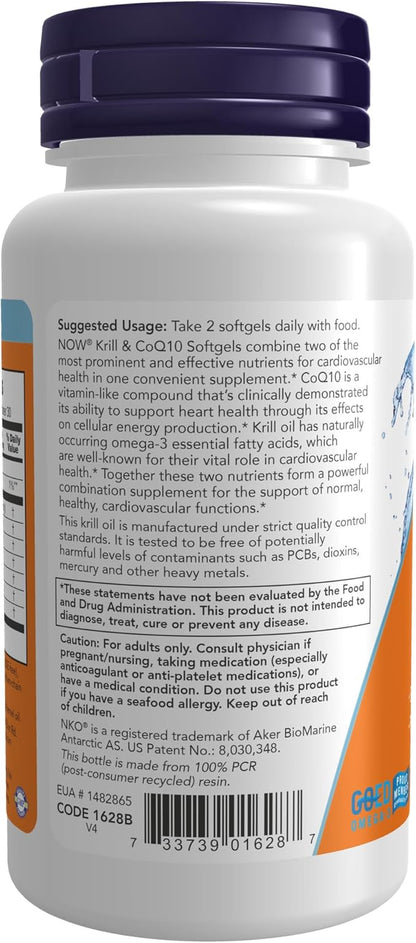 NOW Supplements, Krill & CoQ10, Phospholipid-Bound Omega-3, Heart 60 Softgels