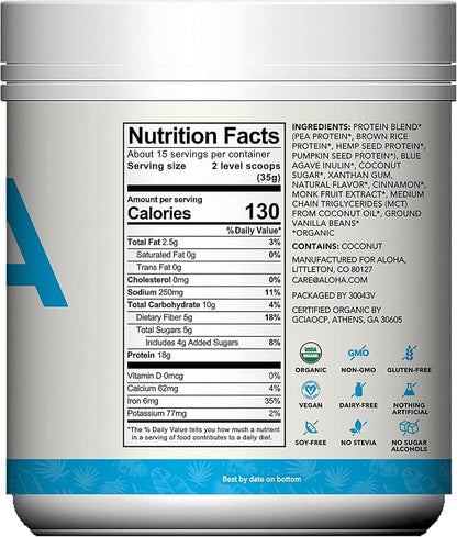 ALOHA Organic Plant Based Protein Powder, 19.6 oz, 15 Servings