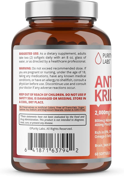 Purity Labs Antarctic Krill Oil 2000mg Omega-3 with 800mcg Supplements 3, Fatty 60 Softgels