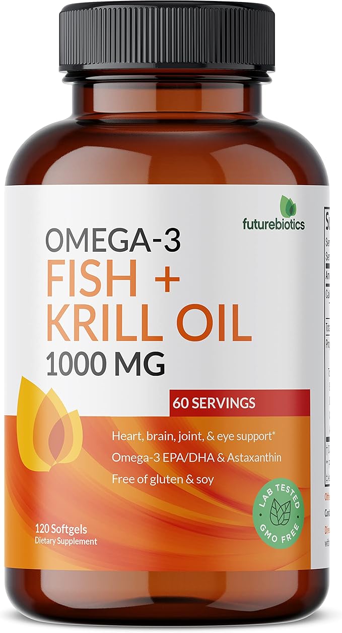 Futurebiotics Omega-3 Fish + Krill Oil 1000 MG Omega-3 EPA/DHA 120 Softgels (60 Servings)