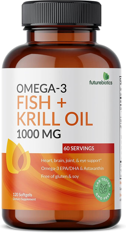 Futurebiotics Omega-3 Fish + Krill Oil 1000 MG Omega-3 EPA/DHA 120 Softgels (60 Servings)