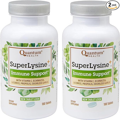 Quantum Health SuperLysine+ Advanced Formula Immune Support Supplement Lysine 1500 mg, Vitamin C Echinacea Licorice Bee Propolis & Odorless Garlic - 180 Tablets (Pack of 2)