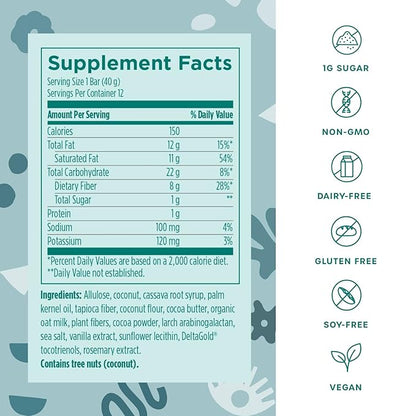 Fx Cocommune Fiber Supplement Bars - 8g Fiber with Prebiotic Fiber for Gut Health, Metabolism and Immune Support* - Vegan with 1g Sugar, 2g Net Carbs - Chocolate + Creamy Coconut (12 Bars)