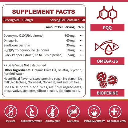 ZEBORA CoQ10-300mg-Softgels with PQQ, BioPerine & Omega-3, 120 120 Servings Q10 (Ubiquinone)