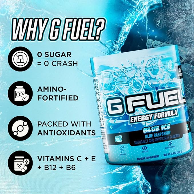 G Fuel Blue Ice Energy Drink Powder, Pre Workout Caffeine Mix for Gaming, Sugar Free Focus Amino, Vitamin + Antioxidants, 9.9oz (Blue Raspberry, 40 Servings)