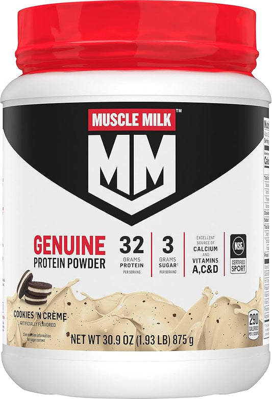 Muscle Milk Genuine Protein Powder, Cookies 1.93 Pounds, 12 Servings, 32g Protein, 3g Sugar,