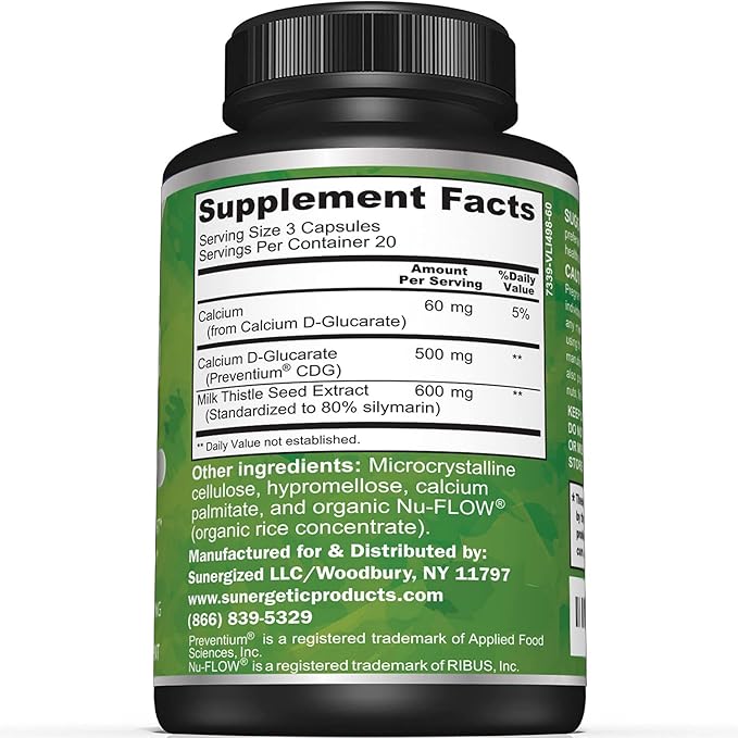 Sunergetic Premium Calcium D-Glucarate Supplement 500mg of 60 Capsules