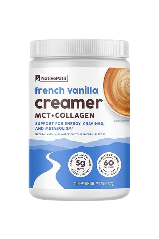 NativePath Keto Coffee Creamer Powder French Vanilla — Keto-Friendly, Non-Dairy & Low Sugar Creamer. Made with Grass-fed Collagen Protein Powder, MCT Oil & Monk Fruit. Soy & Gluten Free (7.1 OZ)