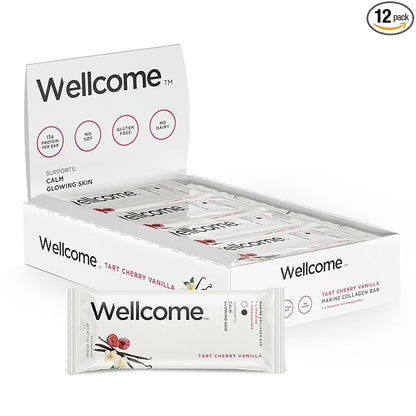 Wellcome Tart Cherry Vanilla Marine Collagen Protein Bar with Ashwagandha and L-Theanine - Adaptogenic Snack Bar - Dairy Free Health Bar for Functional Active Lifestyle (Pack of 12)