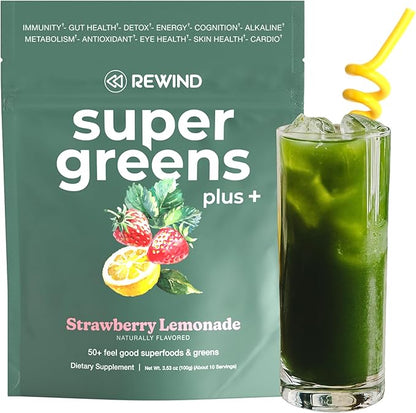 Rewind Greens Plus+ Super Greens Powder - Over 50 Superfoods and Greens - Delicious Powder Greens for The Whole Family - 10 Servings - Strawberry Lemonade